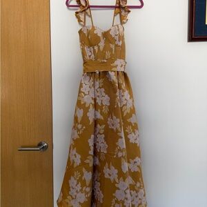 V. Chapman Vera Ruffle-Strap Corset Side-Slit Midi Dress - Gold Baroque Floral